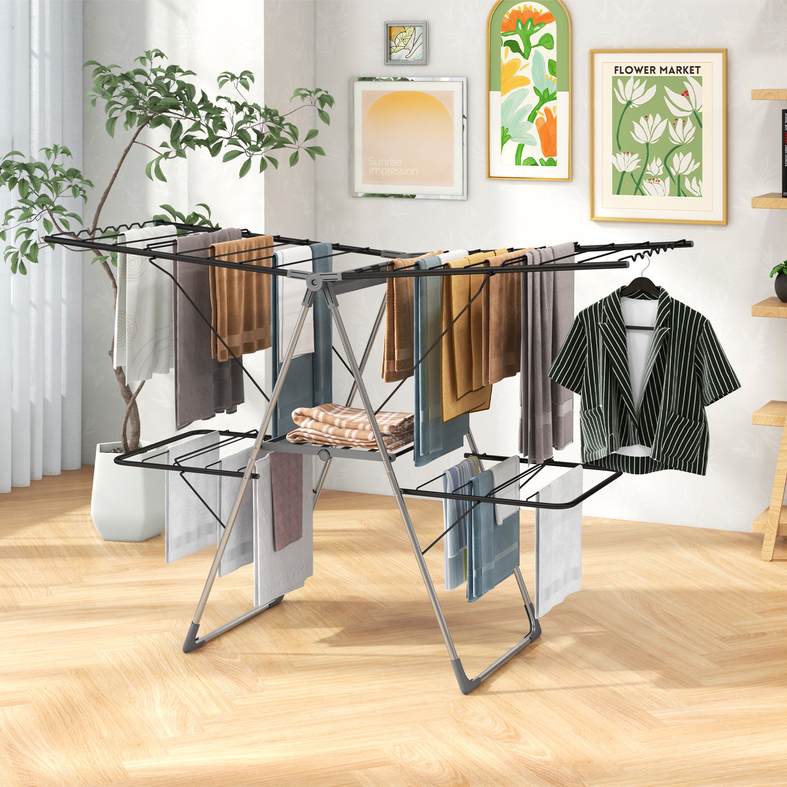2-Tier Foldable Clothing Laundry Rack with 33 Drying Rails
